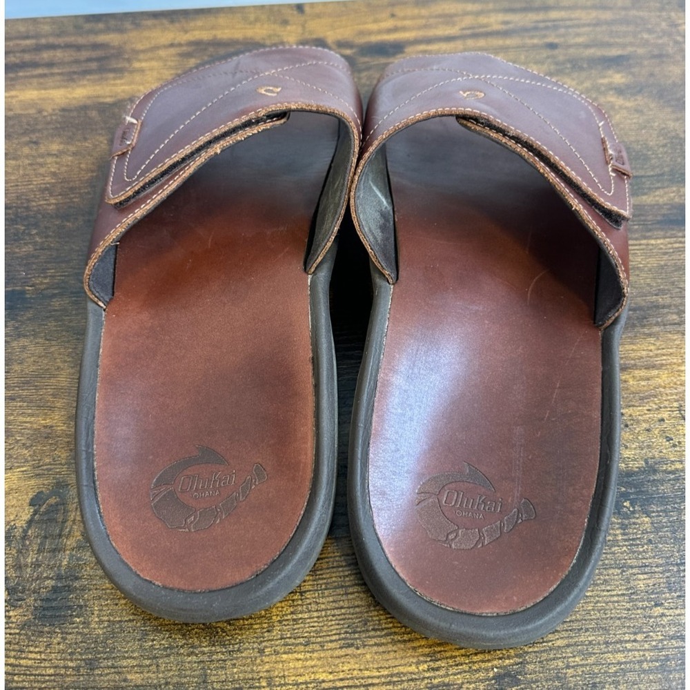 OluKai Ohana Leather Slide Mens 14 Brown Dark Wood Sandals 10137-4848 EUR 47 - Picture 11 of 14
